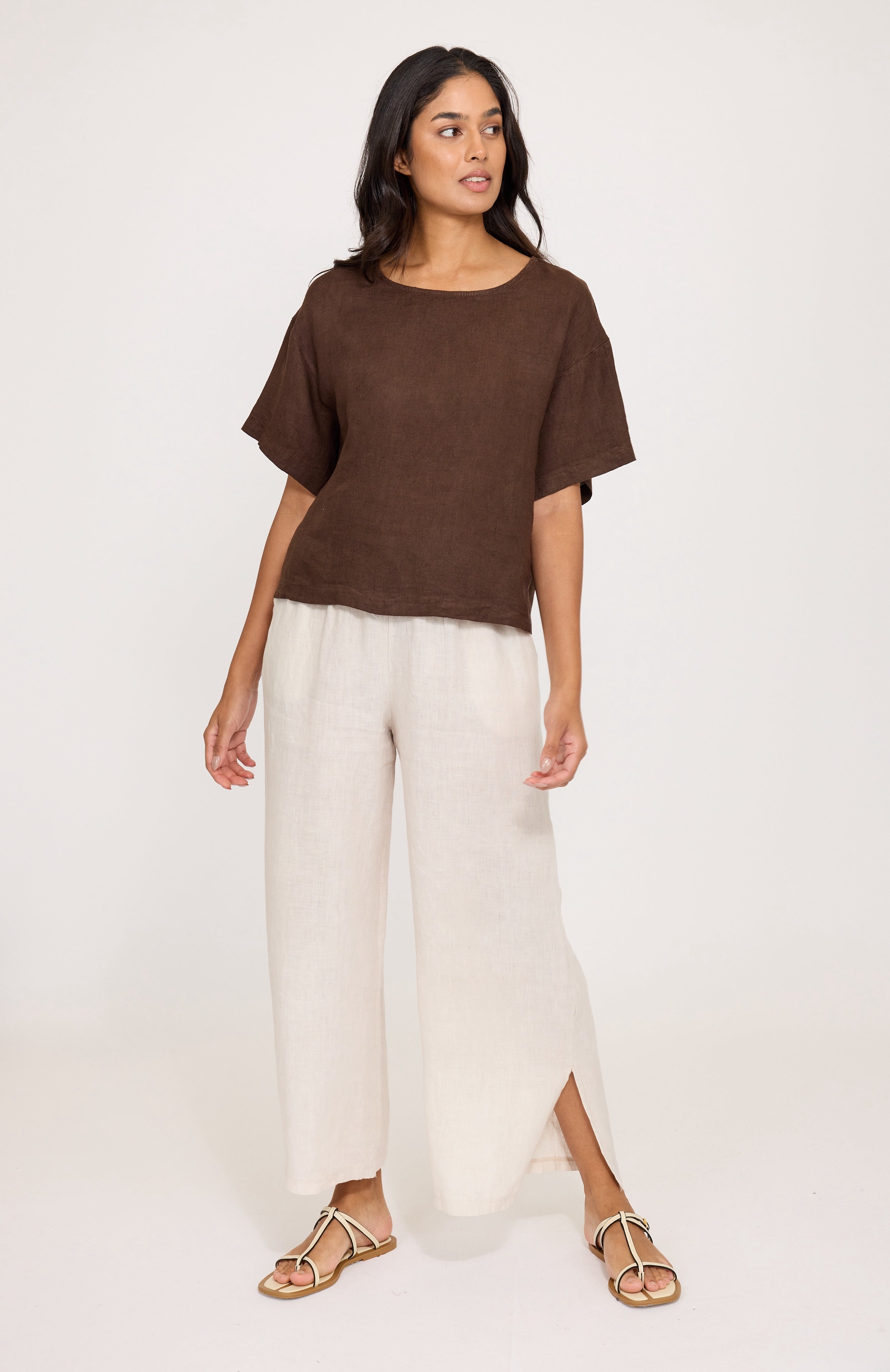 Pistache Loose Linen SS Top in Coffee