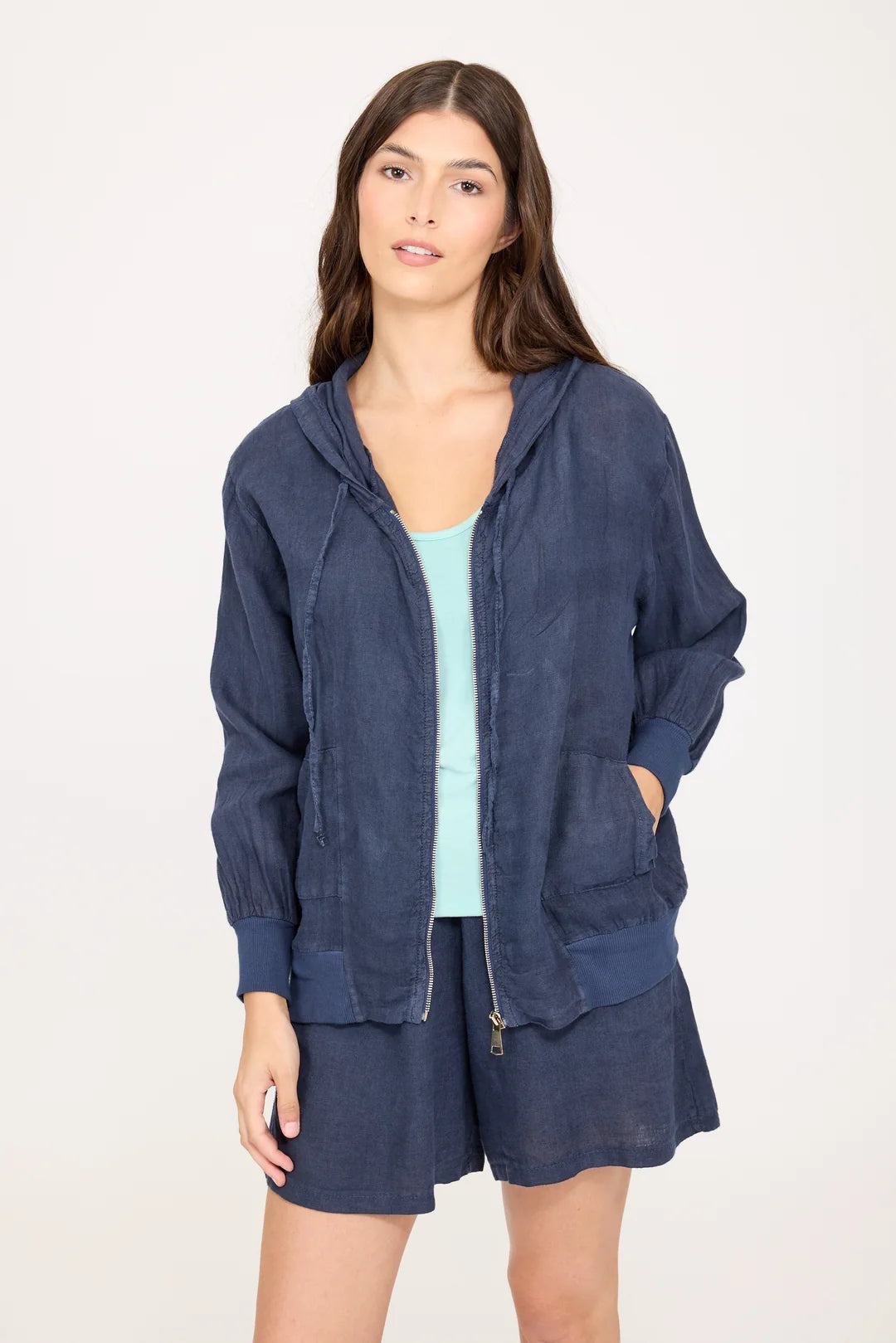 Pistache Linen Zippered Jacket in Midnight Navy
