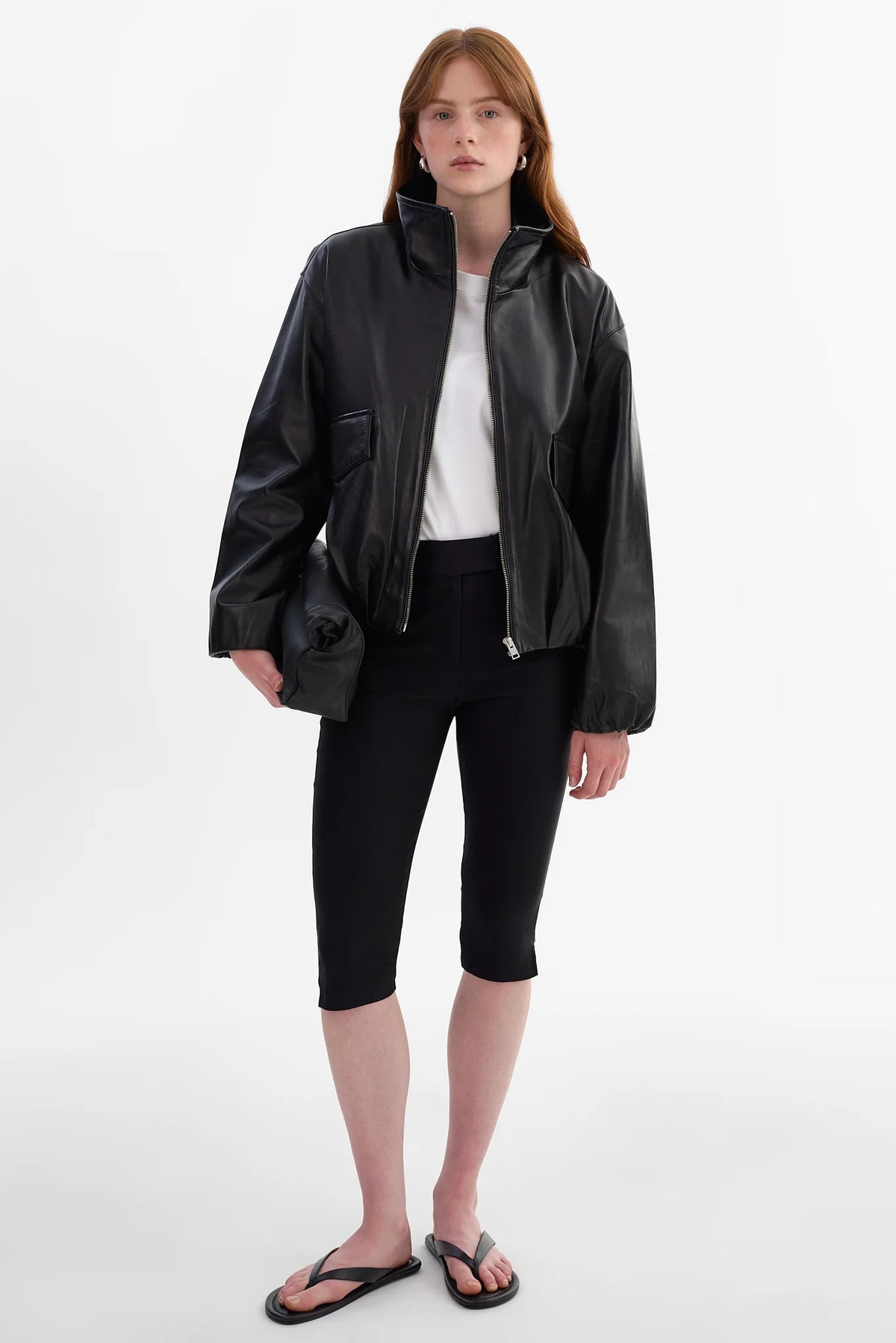 LAMARQUE Ramona Funnel Neck Leather Jacket in Black