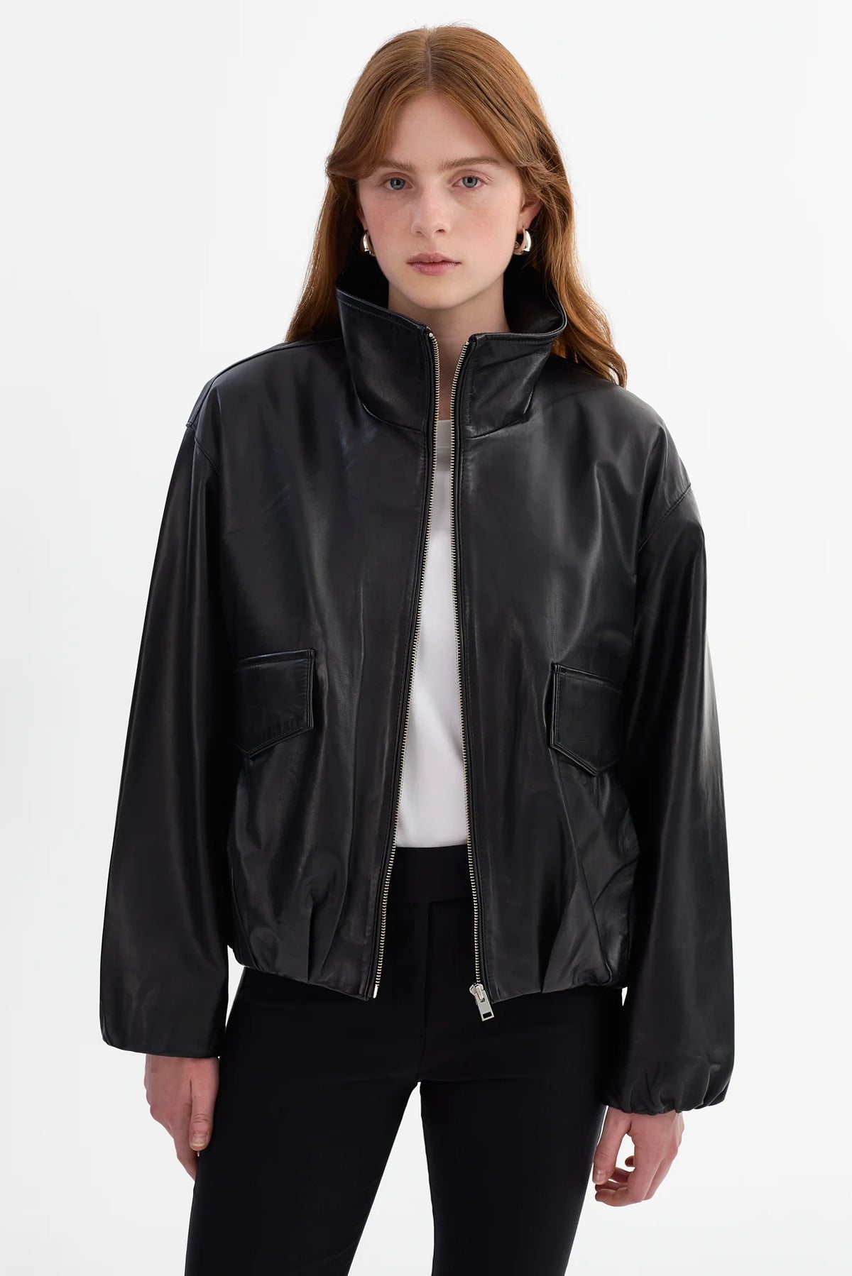 LAMARQUE Ramona Funnel Neck Leather Jacket in Black