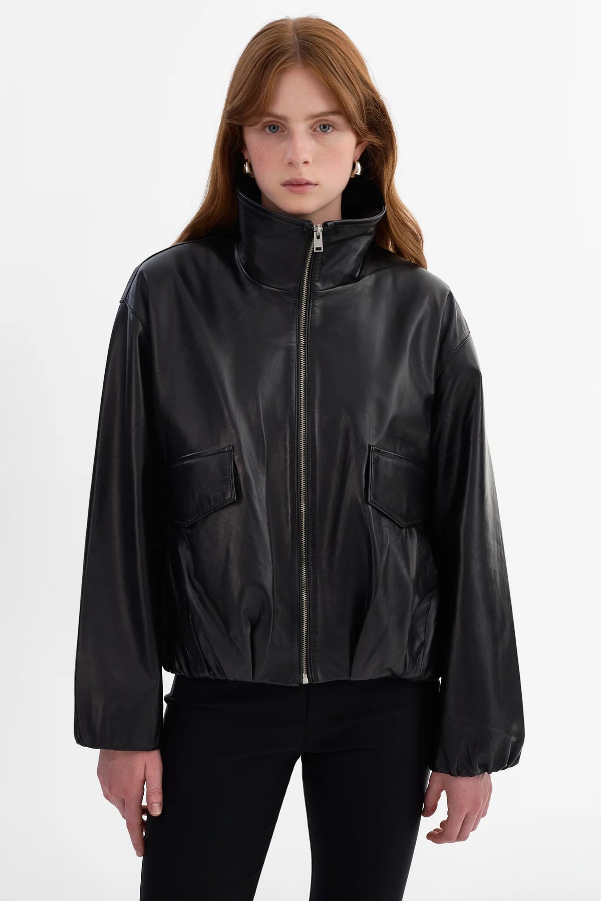 LAMARQUE Ramona Funnel Neck Leather Jacket in Black
