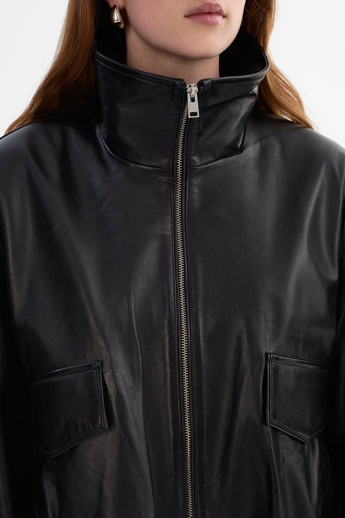 LAMARQUE Ramona Funnel Neck Leather Jacket in Black