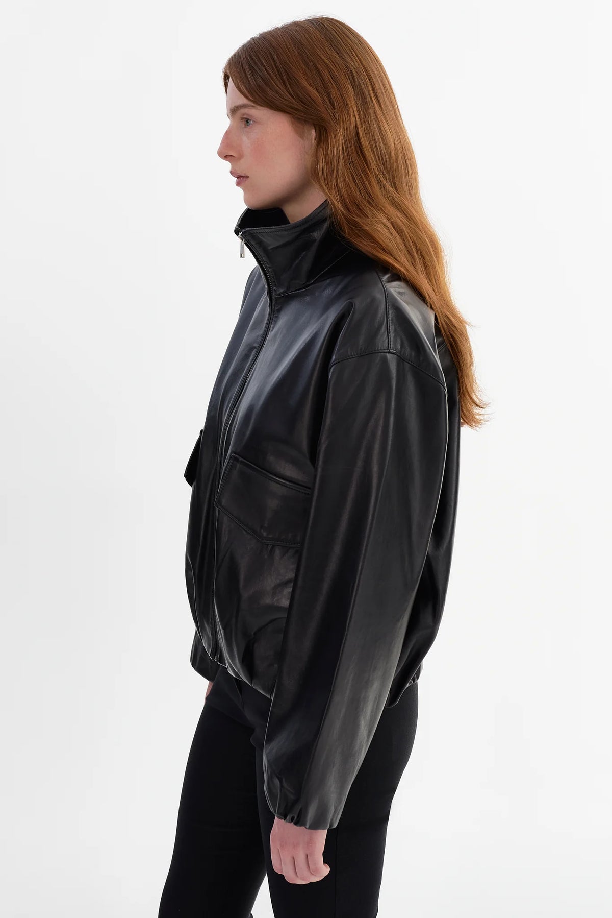 LAMARQUE Ramona Funnel Neck Leather Jacket in Black