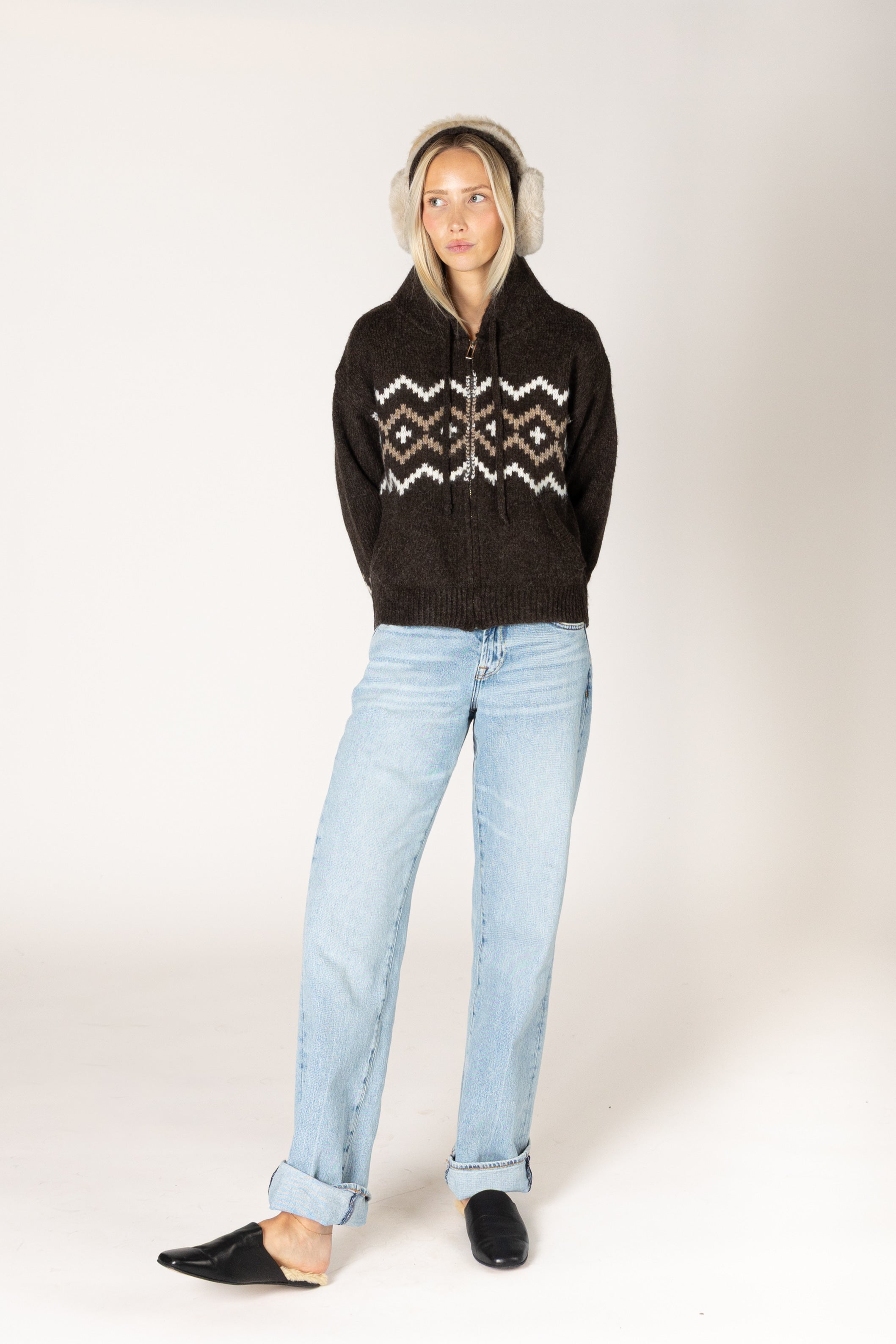 Lyla & Luxe Ranch Fair Isle Zip Hoodie in Ganache/Earth/Milky