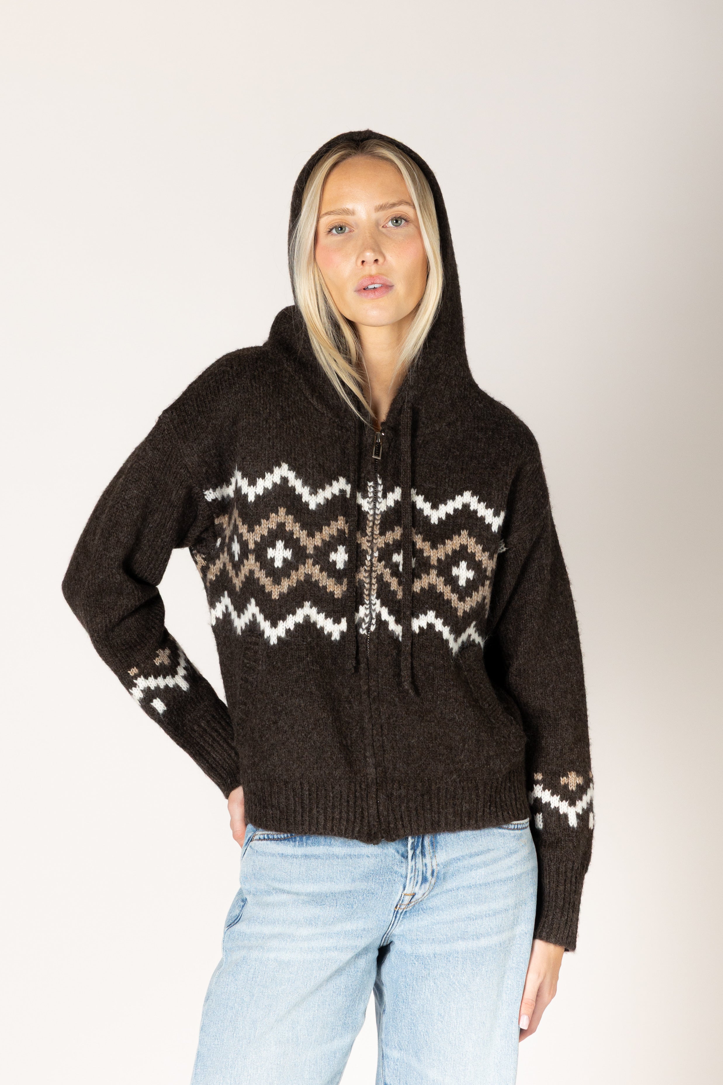 Lyla & Luxe Ranch Fair Isle Zip Hoodie in Ganache/Earth/Milky