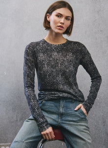 autumn cashmere Herringbone Print Raw Edge Crew in Neutral Combo