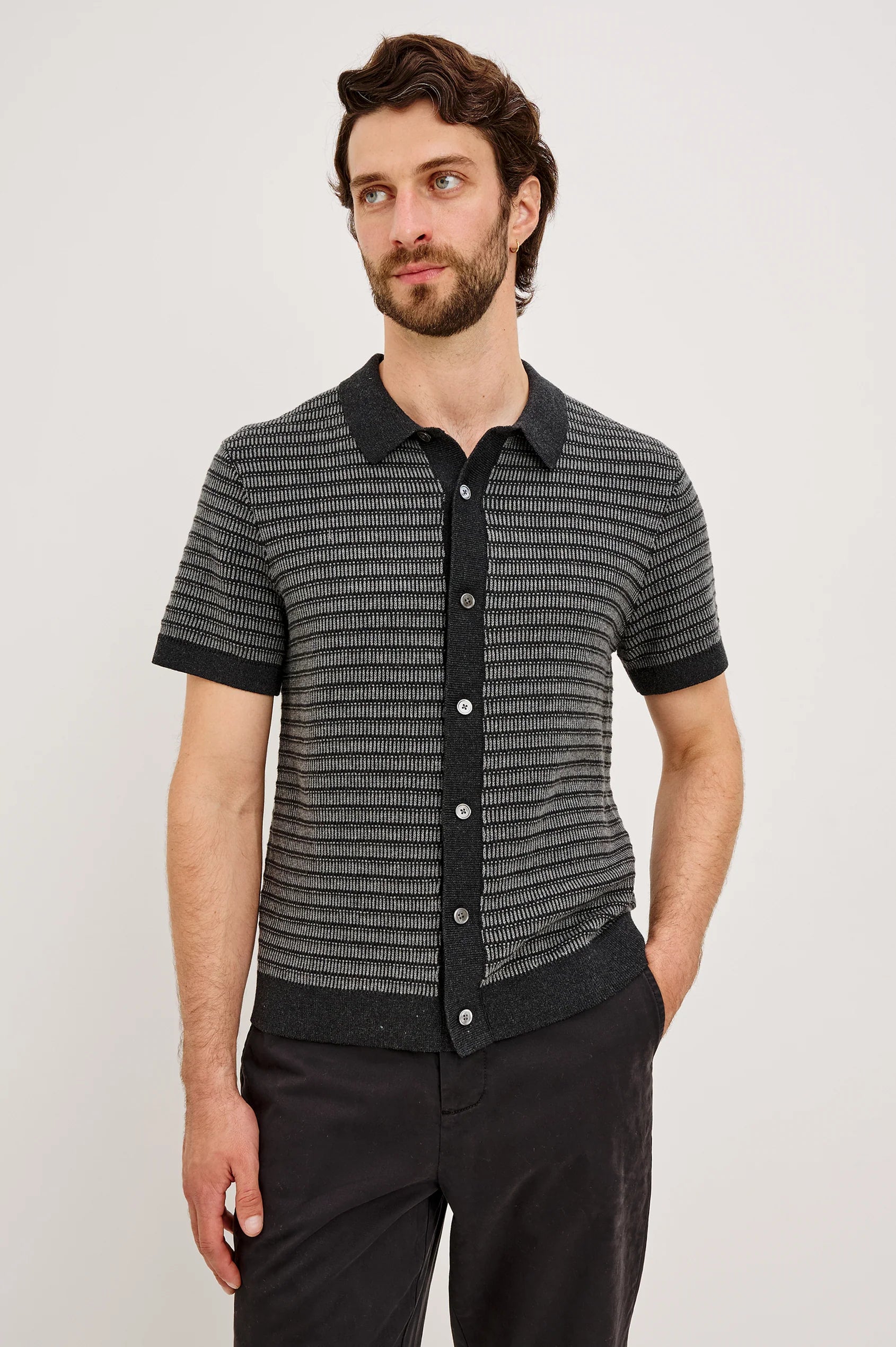 Rails Men's Rubin SS Button Front Shirt in Charcoal Black Stripe