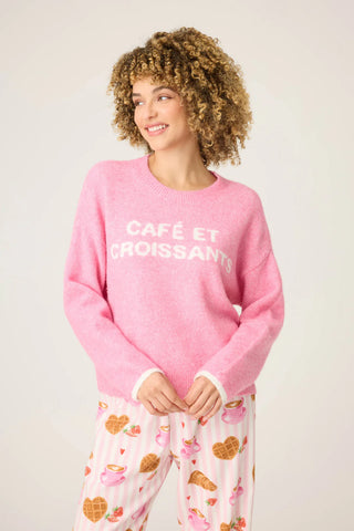 PJ Salvage Cafe Et Croissants Snuggle Sweater in Bright Pink