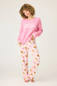 PJ Salvage Cafe Et Croissants Snuggle Sweater in Bright Pink