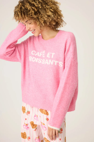 PJ Salvage Cafe Et Croissants Snuggle Sweater in Bright Pink