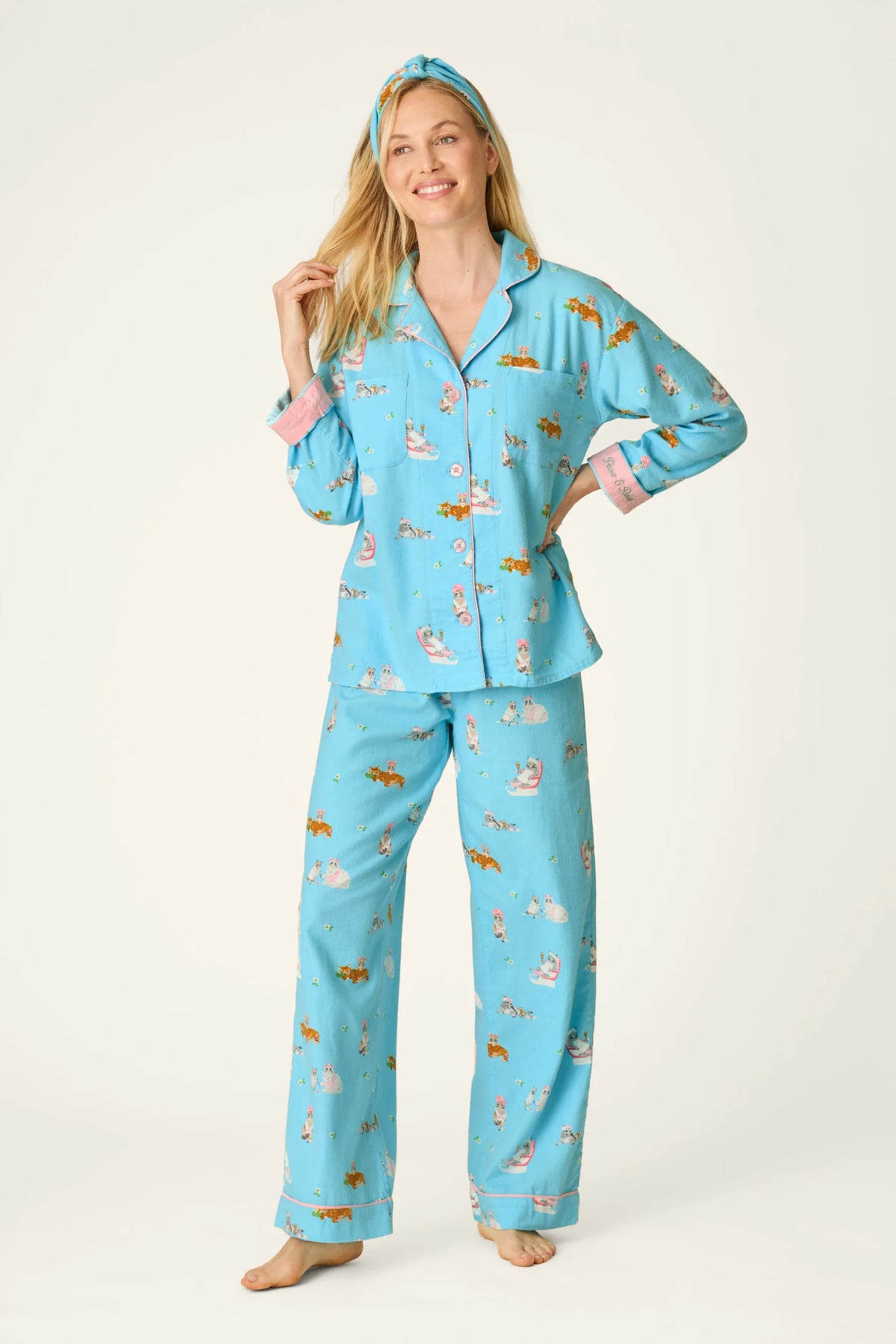 PJ Salvage Pampered Cat Print 3-Piece Long Sleeve Flannel PJ Set in Blue Elixer