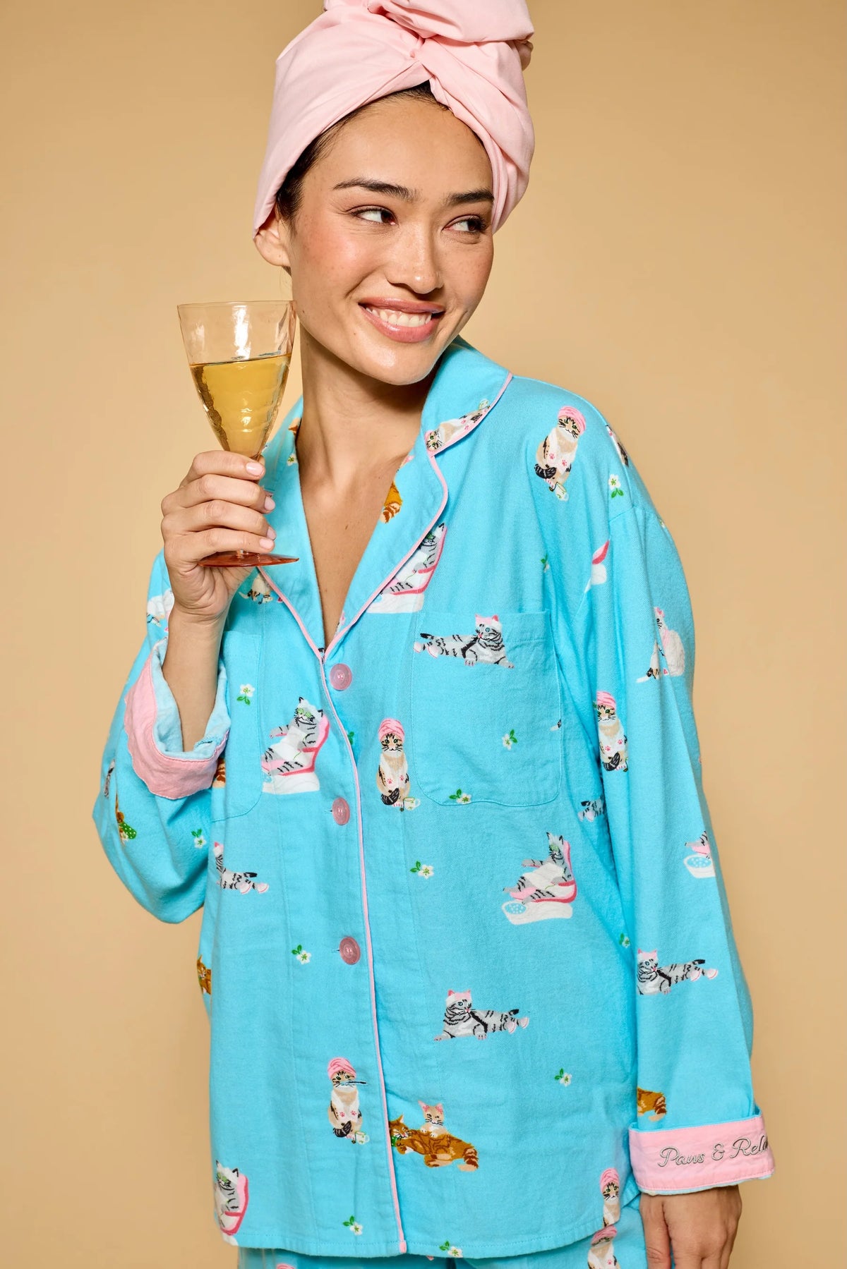 PJ Salvage Pampered Cat Print 3-Piece Long Sleeve Flannel PJ Set in Blue Elixer