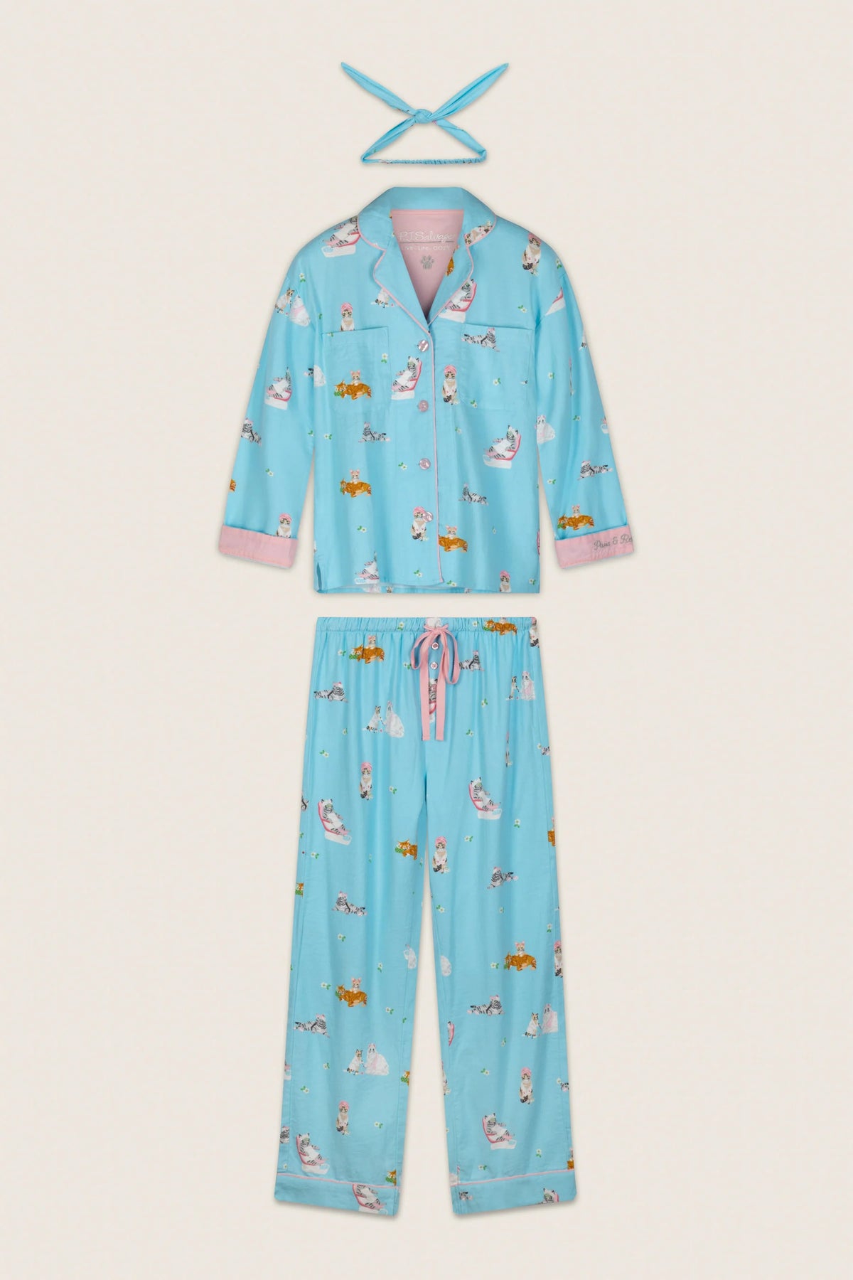 PJ Salvage Pampered Cat Print 3-Piece Long Sleeve Flannel PJ Set in Blue Elixer