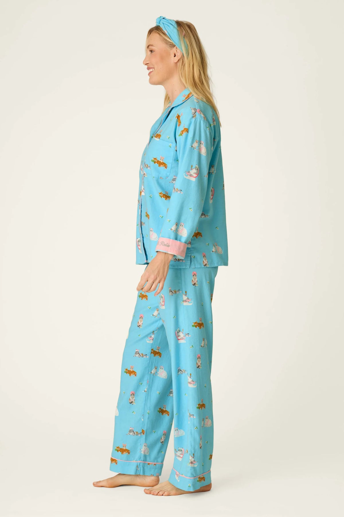 PJ Salvage Pampered Cat Print 3-Piece Long Sleeve Flannel PJ Set in Blue Elixer