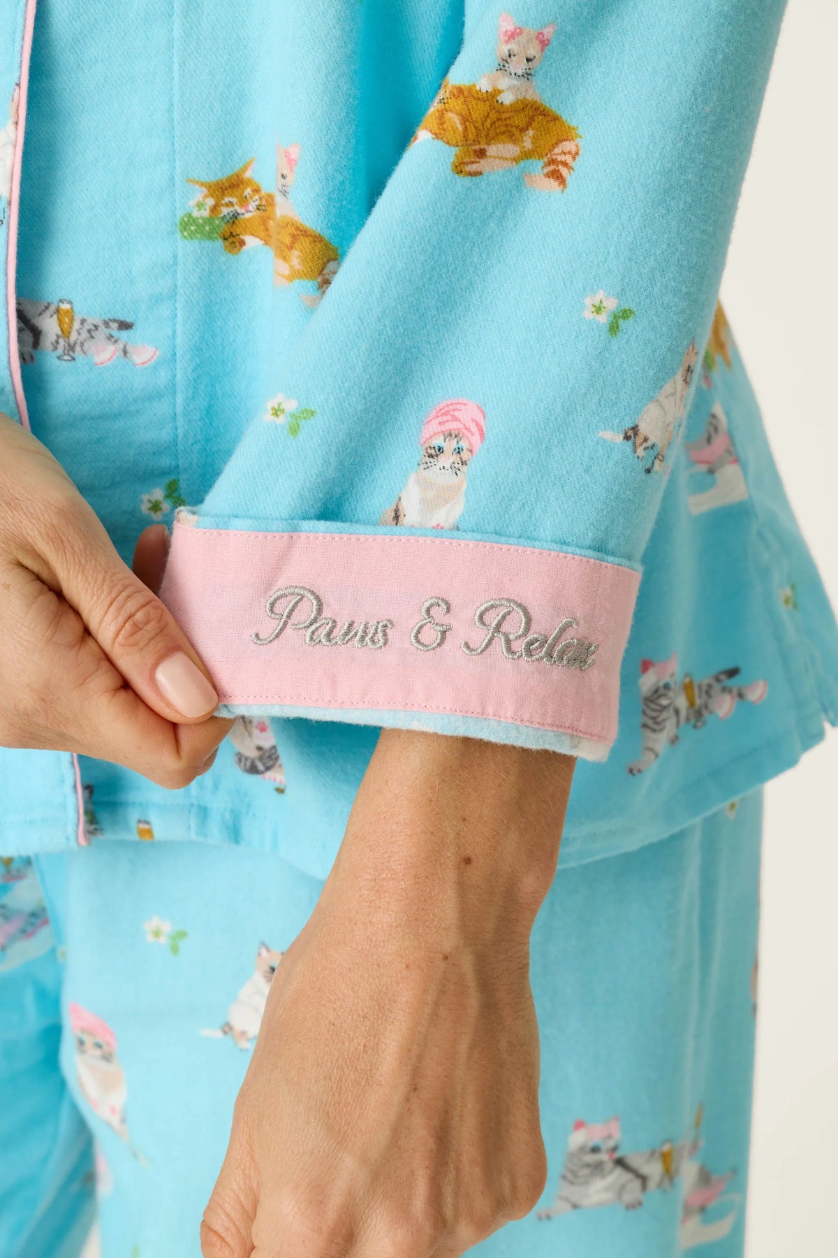 PJ Salvage Pampered Cat Print 3-Piece Long Sleeve Flannel PJ Set in Blue Elixer