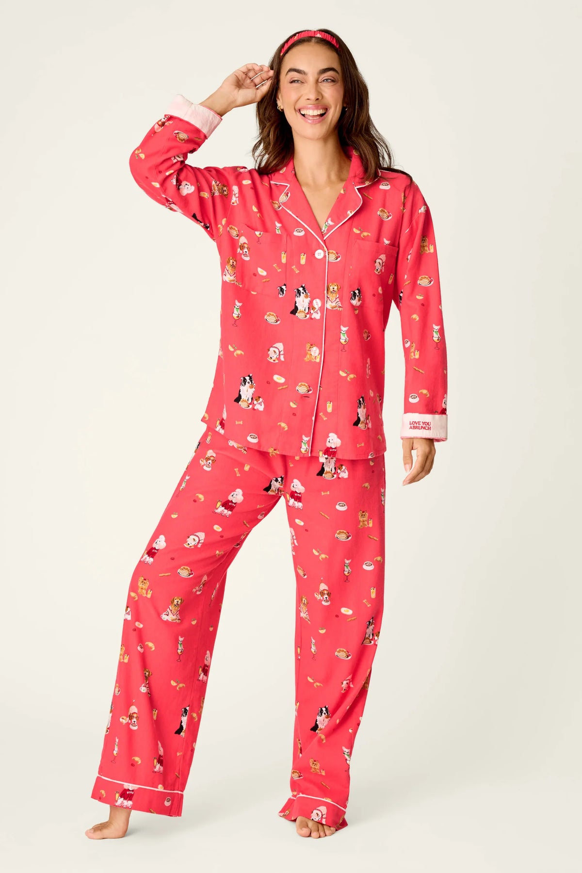 PJ Salvage Dogs Who Brunch Print 3-Piece Long Sleeve Flannel PJ Set in Dark Coral