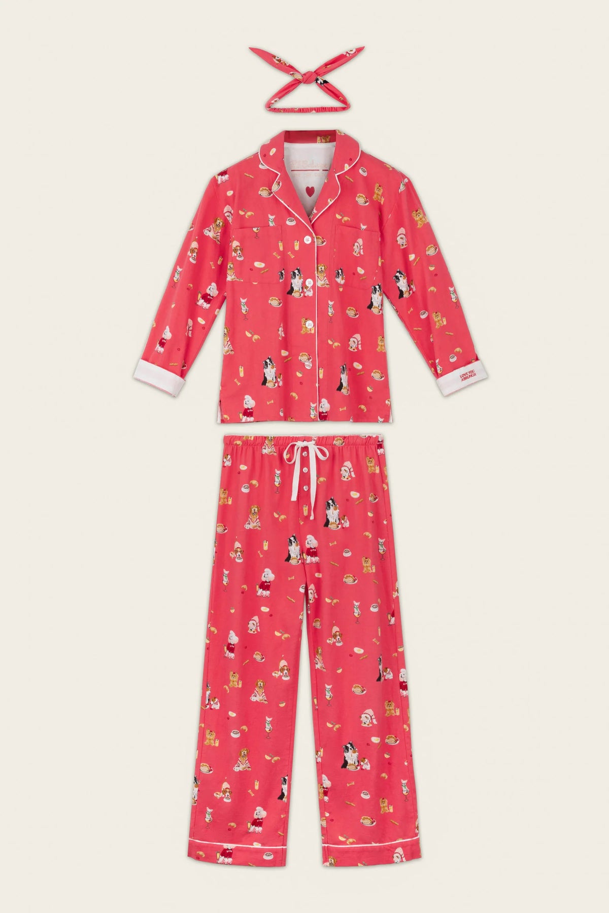 PJ Salvage Dogs Who Brunch Print 3-Piece Long Sleeve Flannel PJ Set in Dark Coral