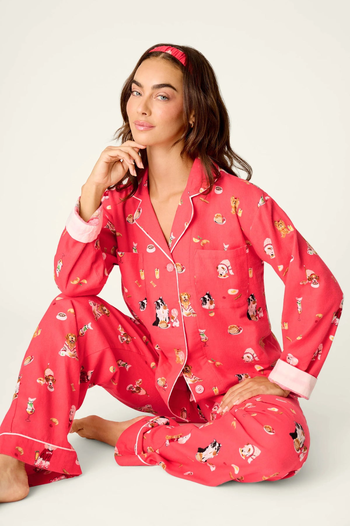 PJ Salvage Dogs Who Brunch Print 3-Piece Long Sleeve Flannel PJ Set in Dark Coral