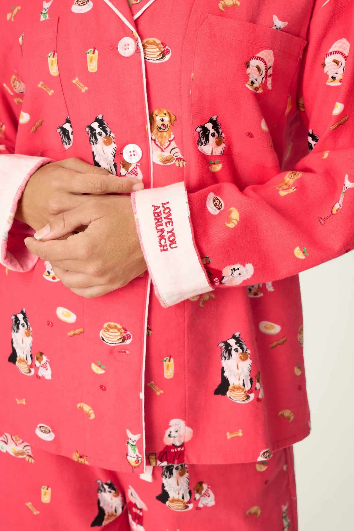 PJ Salvage Dogs Who Brunch Print 3-Piece Long Sleeve Flannel PJ Set in Dark Coral