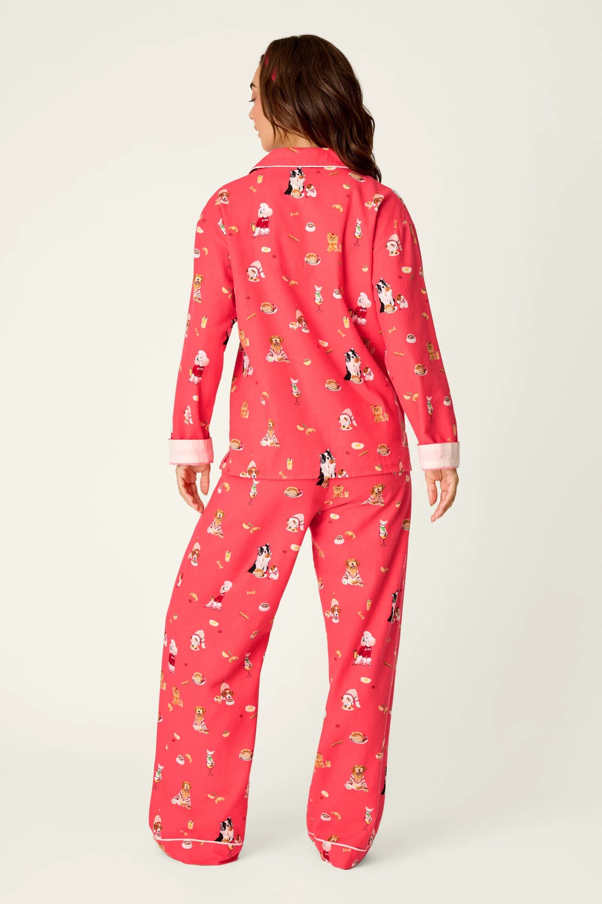 PJ Salvage Dogs Who Brunch Print 3-Piece Long Sleeve Flannel PJ Set in Dark Coral