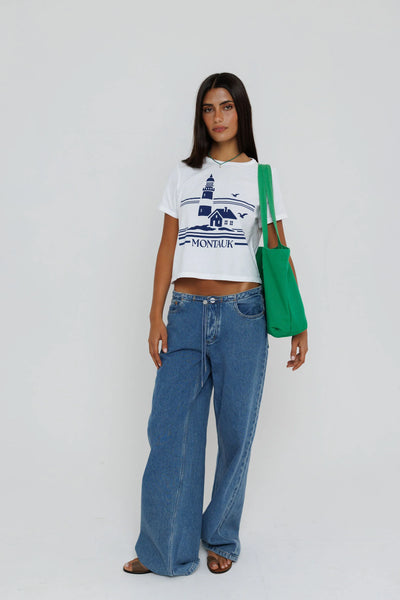 Sunny Somewhere Montauk Lighthouse Tiny Tee in White