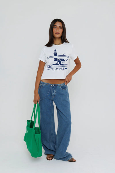 Sunny Somewhere Montauk Lighthouse Tiny Tee in White