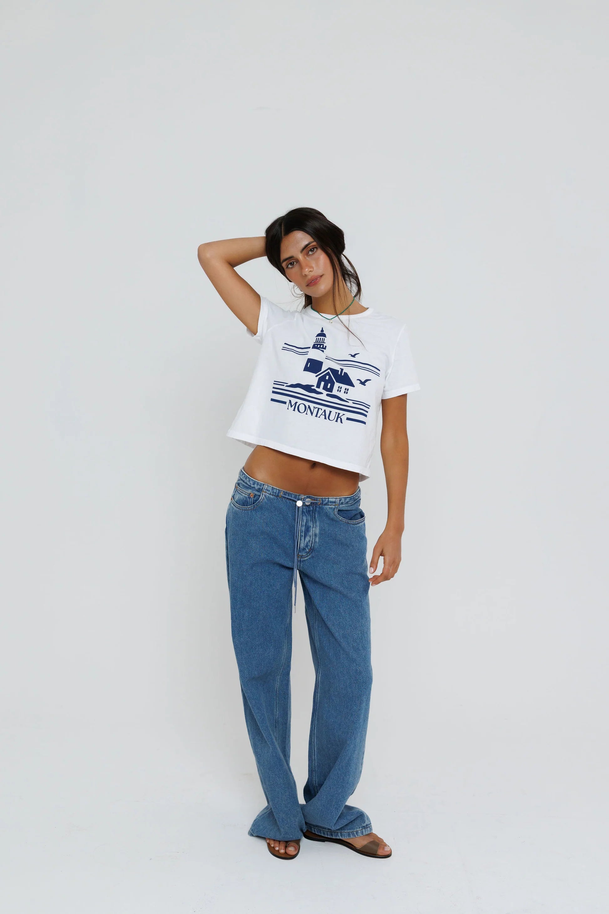 Sunny Somewhere Montauk Lighthouse Tiny Tee in White