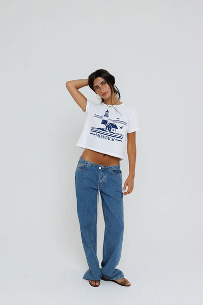 Sunny Somewhere Montauk Lighthouse Tiny Tee in White