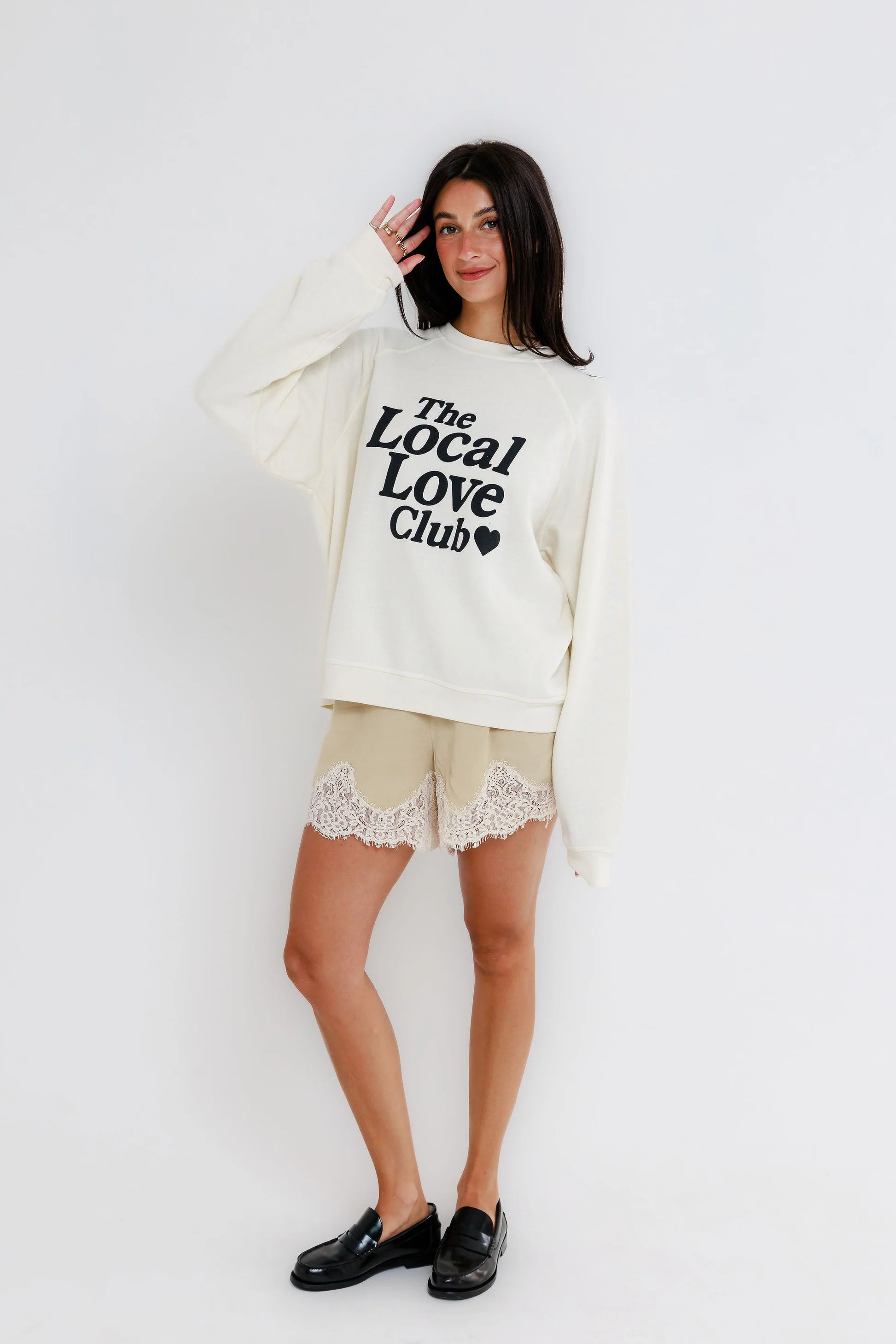 Sunny Somewhere Local Love Club Raglan Crew in Off White