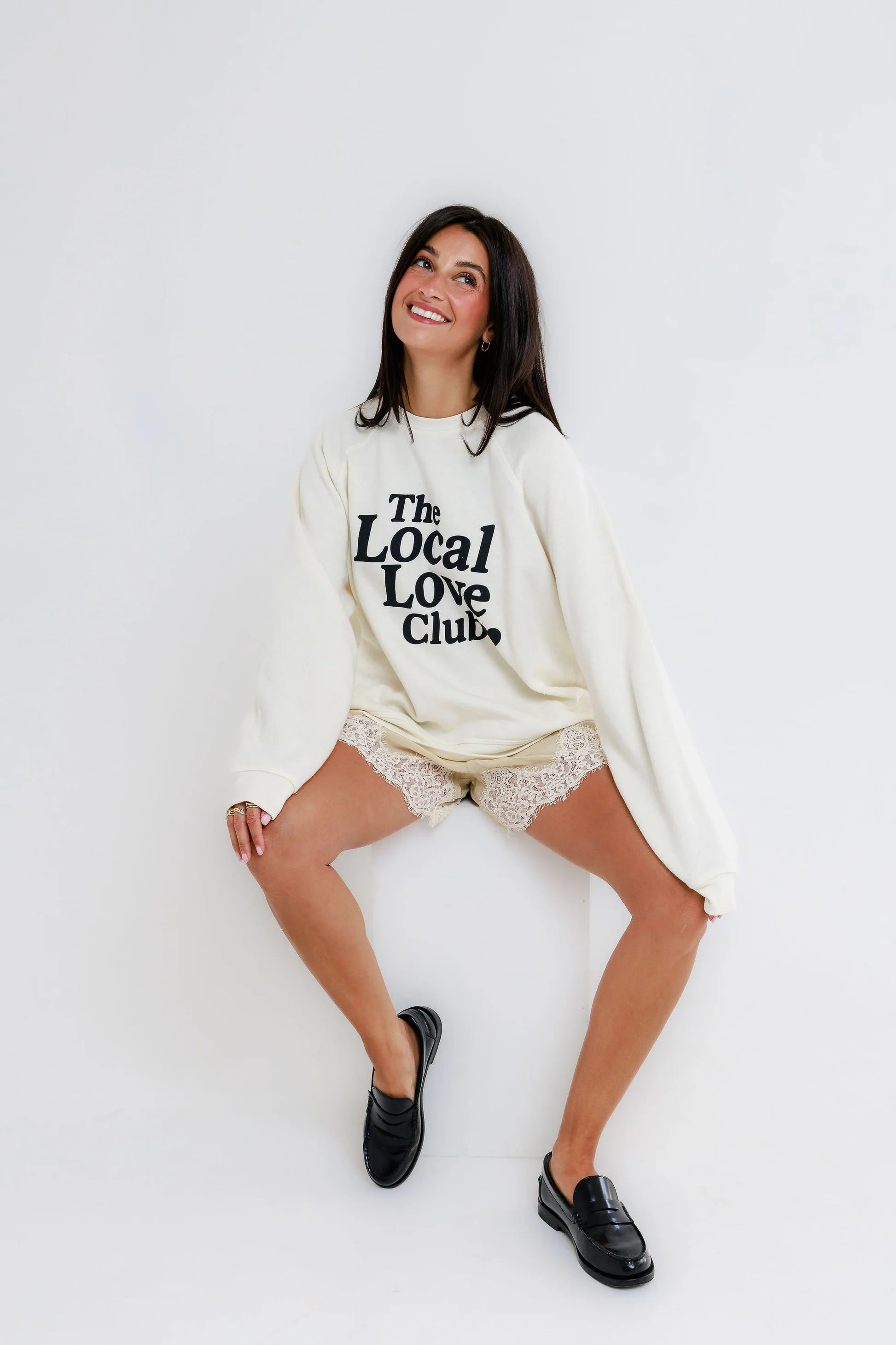 Sunny Somewhere Local Love Club Raglan Crew in Off White