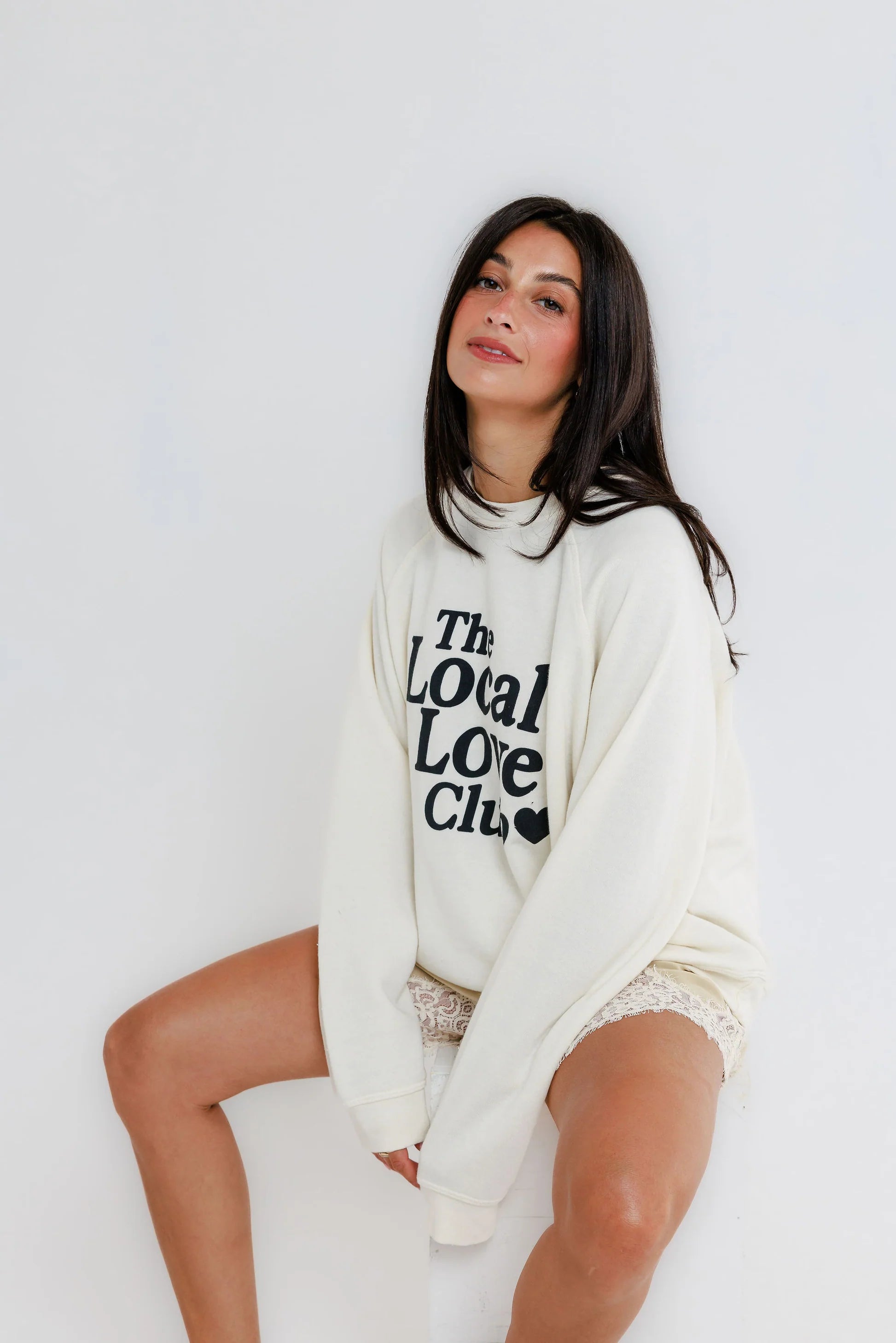 Sunny Somewhere Local Love Club Raglan Crew in Off White