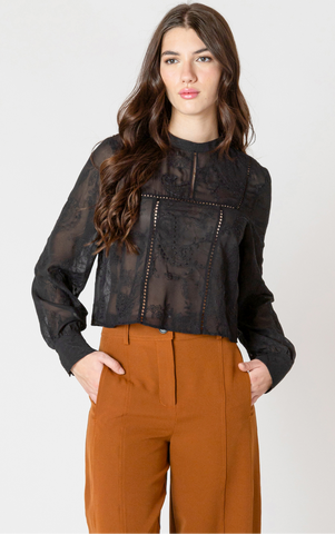 Black Tape Embroidered Lace Insert Top in Black