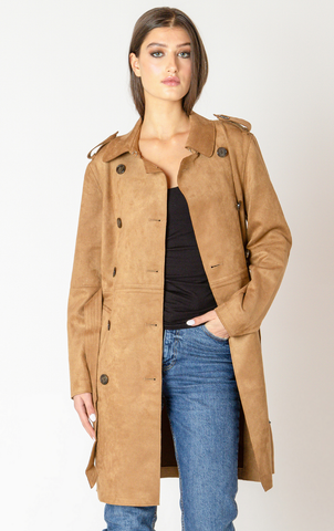 Black Tape Belted Faux Suede Trench in Camel