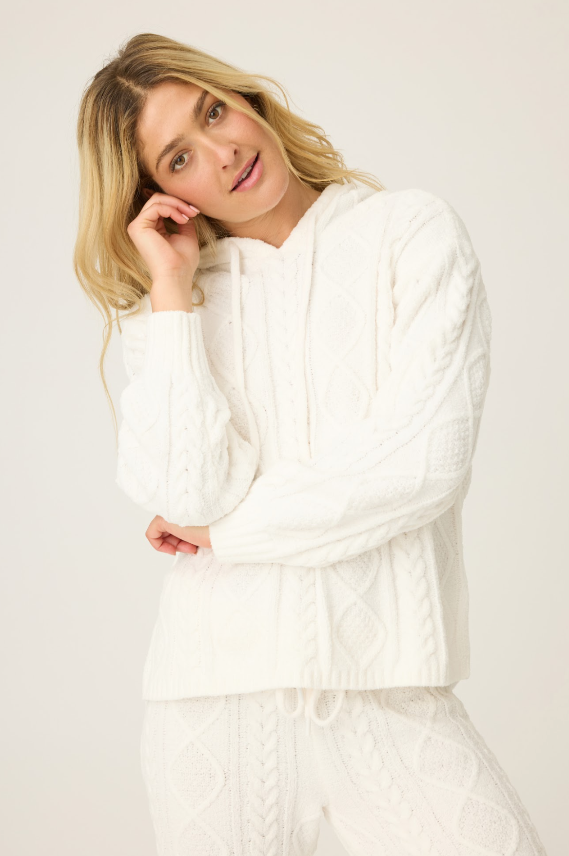 PJ Salvage Cozy Chenille Cable Knit Hoody in Ivory