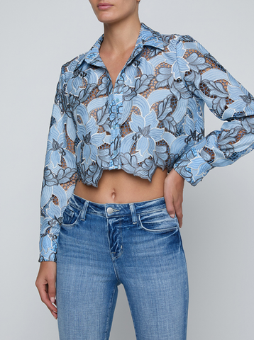 L'AGENCE Akemi Cropped Button Down in Blue Multi