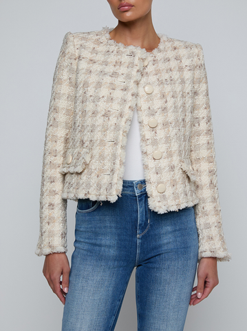 L'AGENCE Zell Collarless Jacket in Taupe/Grey Houndstooth