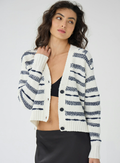 autumn cashmere V Neck Cardigan in 2-Tone Texture Stitch in White/Navy