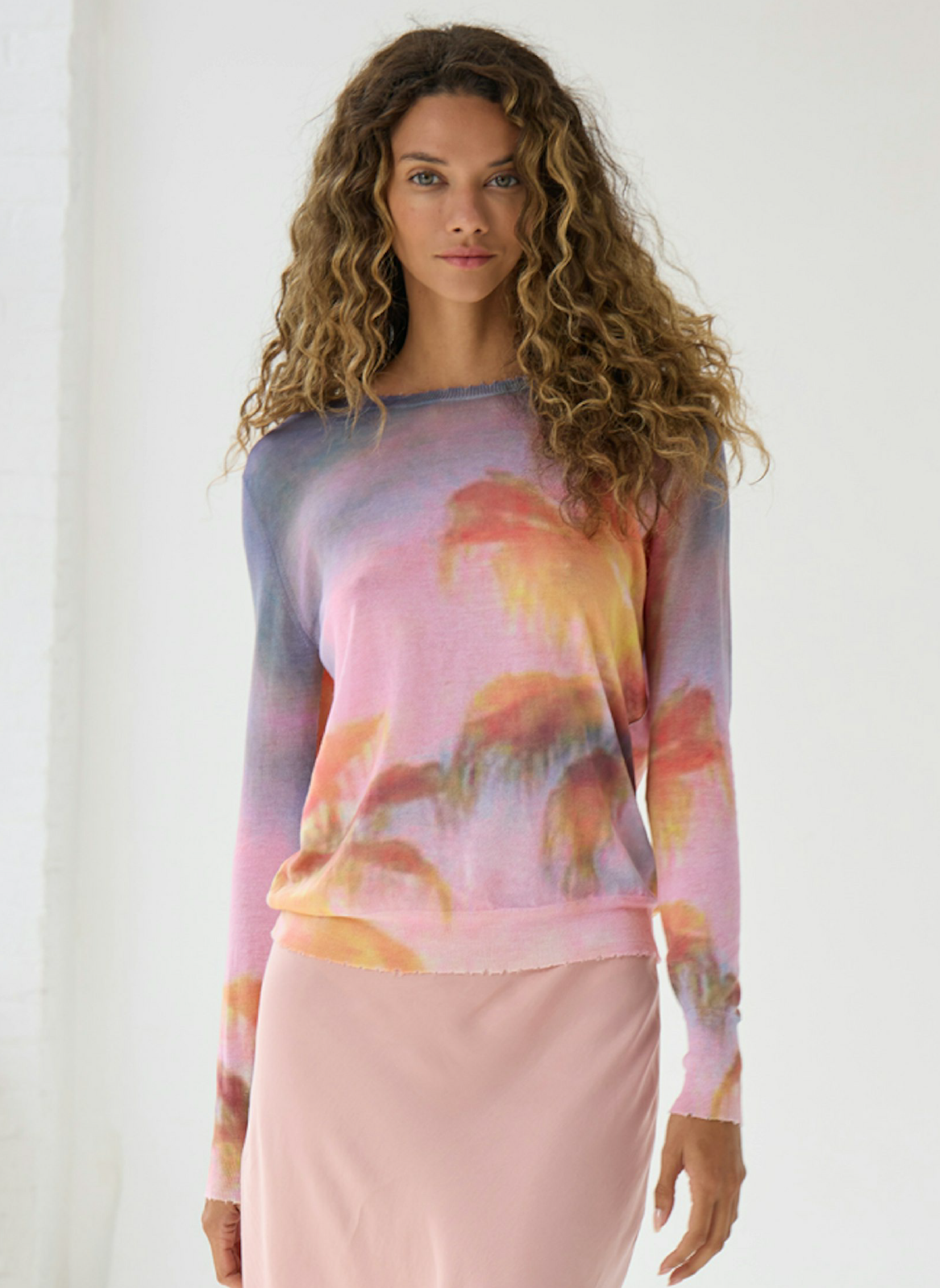 autumn cashmere Palm Print L/S With Distressed Crew in Purple/Orange Combo