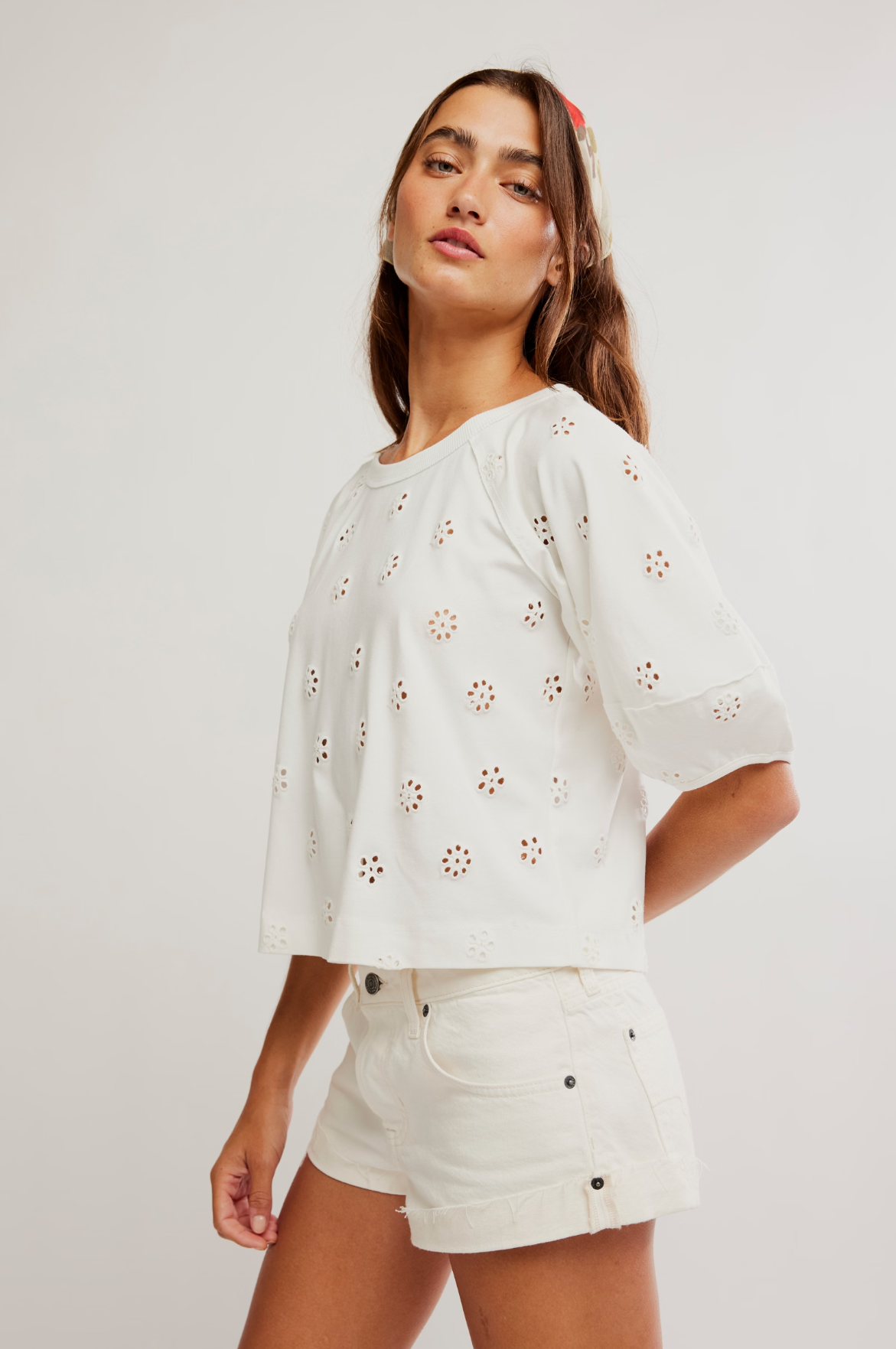 Free People Jessie Eyelet Tee in Whisper White