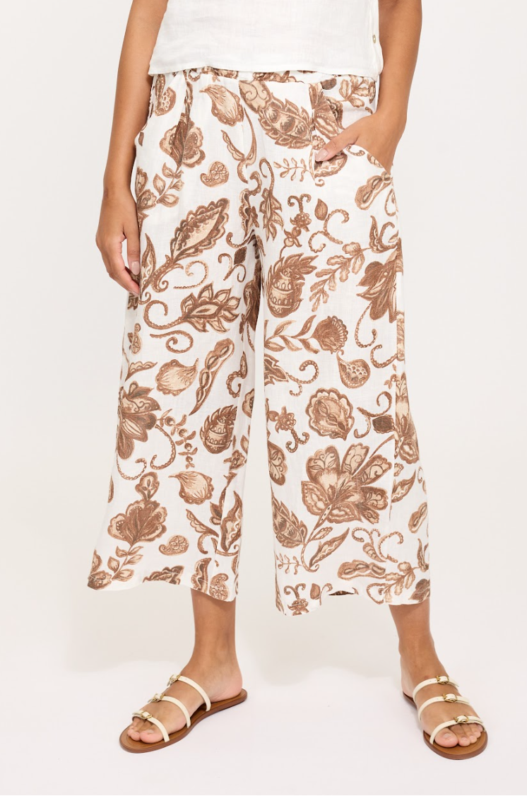 Pistache Cropped Linen Pant in Large Mocha Floral Paisley