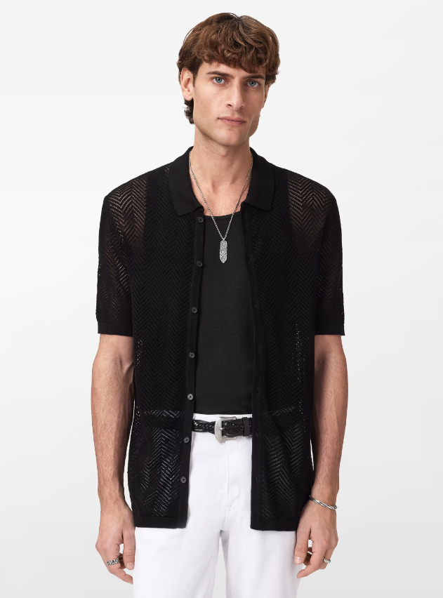 John Varvatos GINSBERG SS Shirt in Herringbone Pointelle in Black