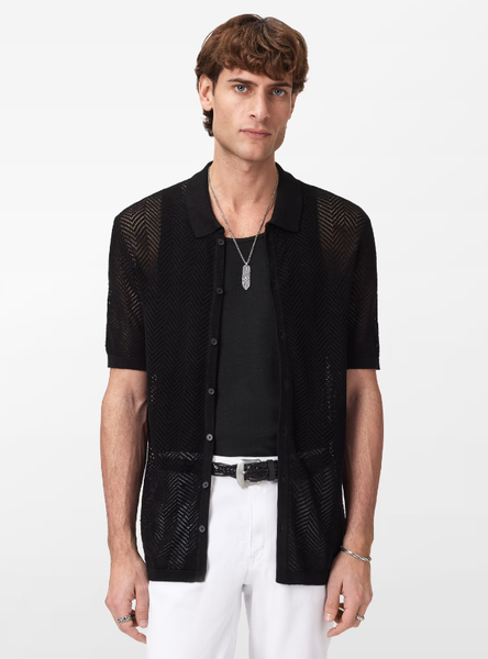 John Varvatos GINSBERG SS Shirt in Herringbone Pointelle in Black