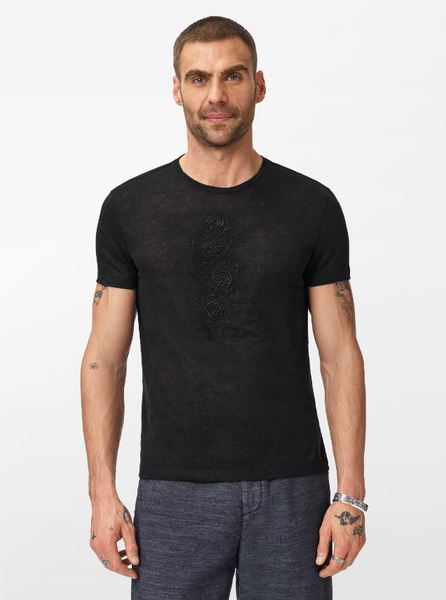 John Varvatos ROSE VINE EMBROIDERY Crew Tee - Black
