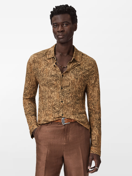 John Varvatos Regualr Fit LS Floral Collar Shirt in Brown Sugar