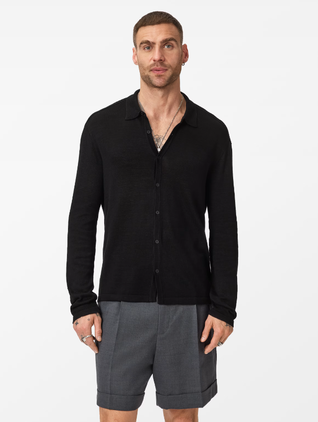 John Varvatos SORRENTI Sweater Shirt with Engineered Yoke - Black