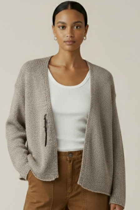 Velvet Quinnly Cotton Tape Cardigan in Stone