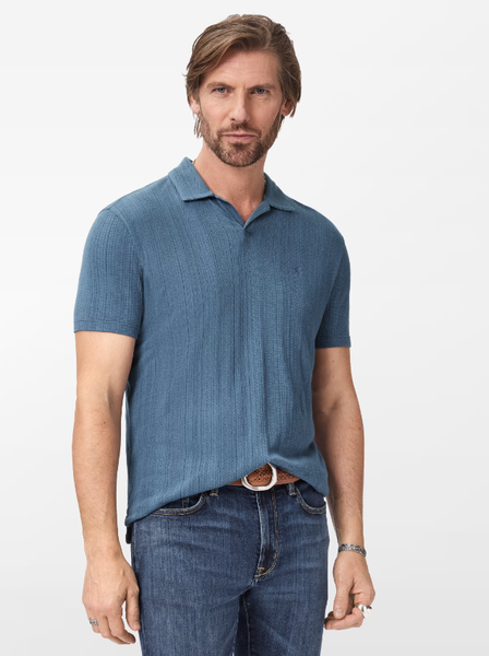 John Varvatos LEONARDO Johnny Collar Textured Polo in Oiled Blue