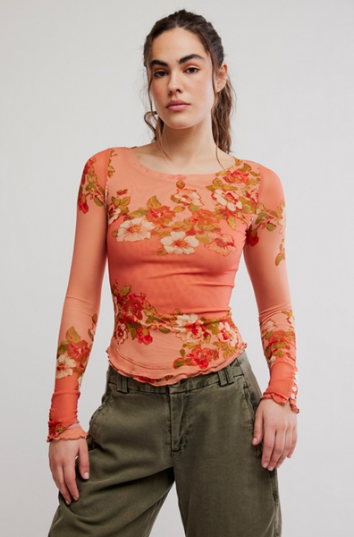 Free People Lilly Printed Long Sleeve in Peach Apricot Combo