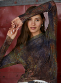 Autumn Cashmere Sheer Rust Print Raw Edge Crew in Navy Combo