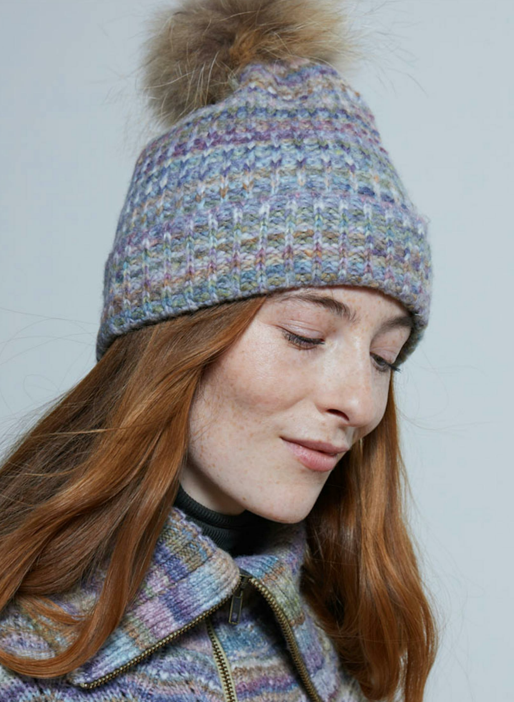 Autumn Cashmere Space Dye Beanie with Fur Pom Pom in Vintage